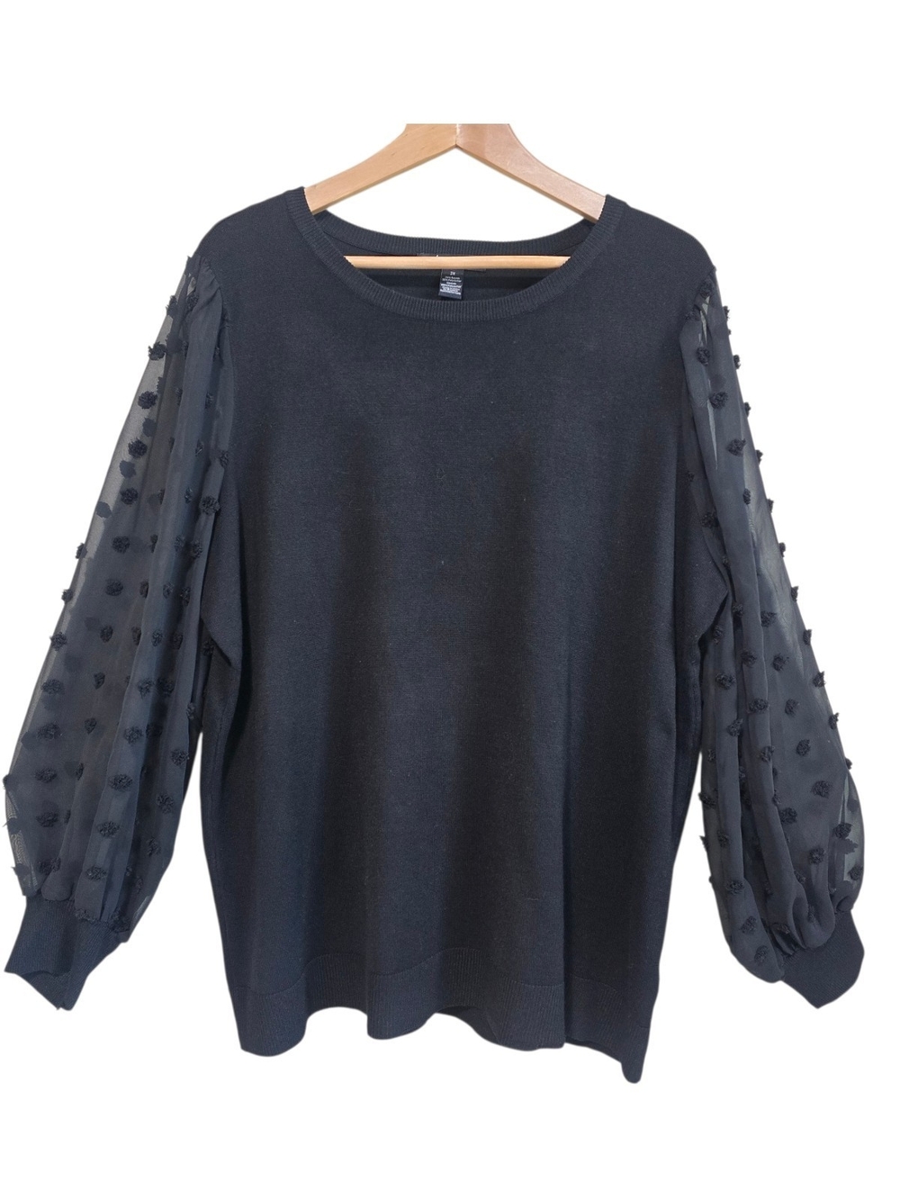 A Love Story Black Sweater 2X Sheer Sleeve Swiss Dot Bishop Feminine Pullover